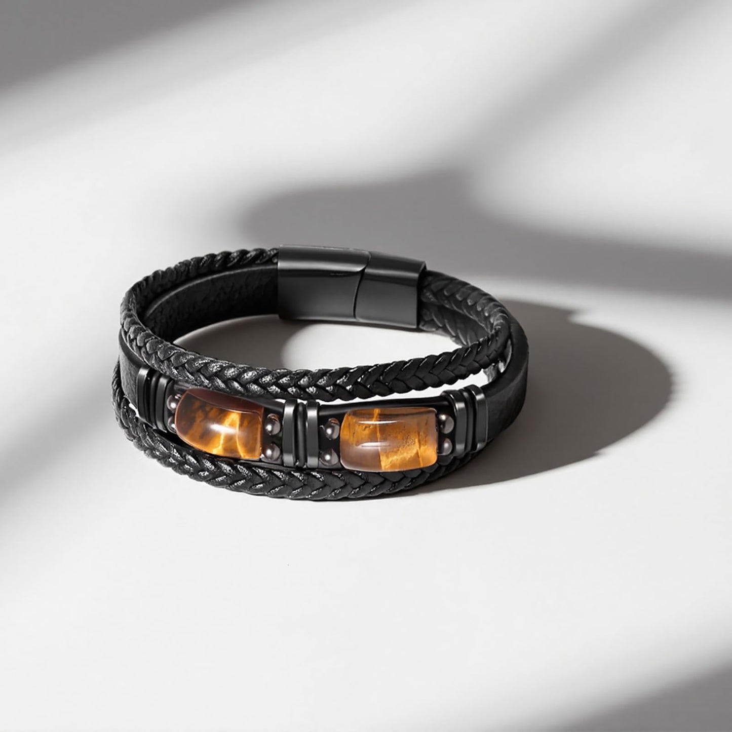 Enjoy Risingsun Tiger Eye Black Leather Bracelet Men Natural Tiger Eye Gemstone Crystal Stone Jewelry Handmade Courage And Stress Relief Protection Bracelet