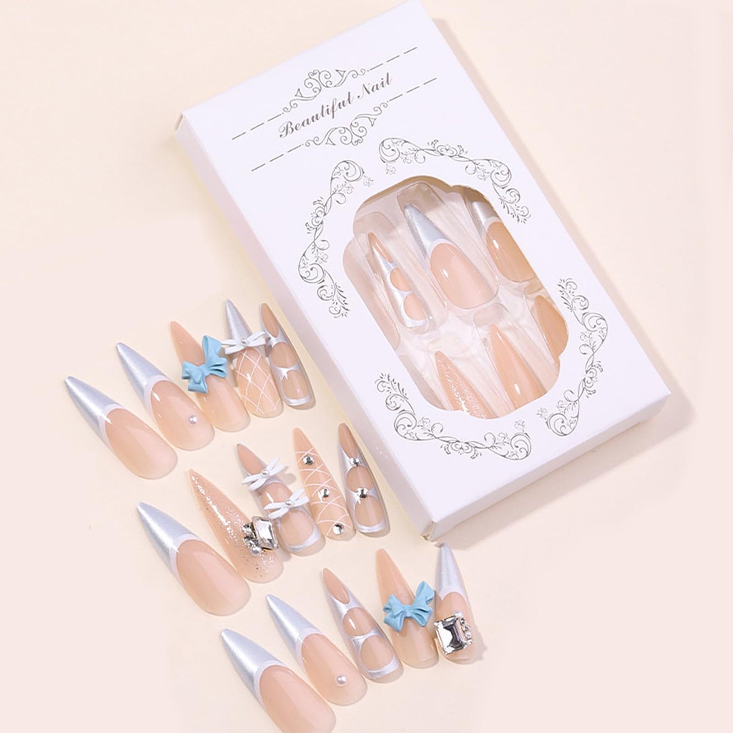 IMSOHOT Blue Press on Nails Long Stiletto Fake Nails with 3D Bow & Rhinestone Designs Full Cover Chrome French Nail Tips 24Pcs Handmade Acrylic False Nails