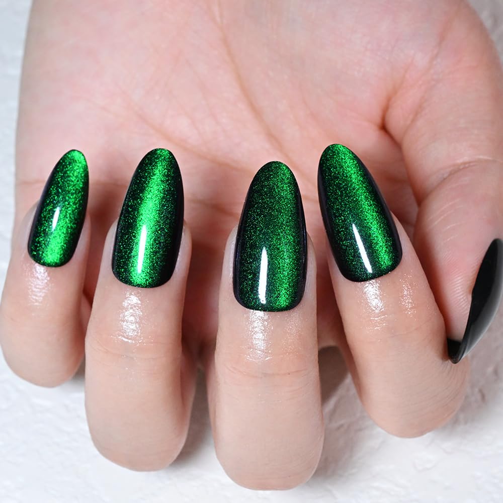 XZMeiLun Cat Eye Green Press On Nails Almond Medium Length, Magnetic Acrylic Fake Nails Stylish Design, Salon-Quality Shiny Finish, Reusable Stick On Nails Kit for Women, Daily Wear (No Glue Included)