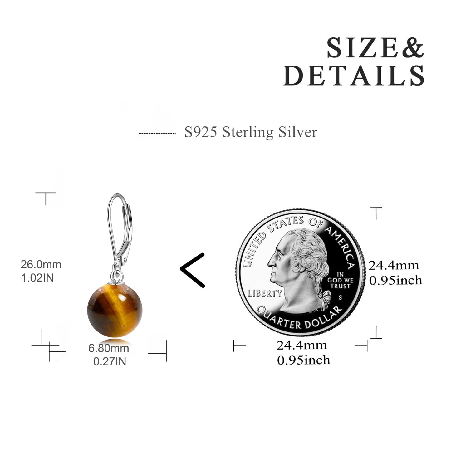 925 Sterling Silver Pearl Leverback Earrings Dangle Drop Jewelry Gifts for Women (Tiger Eye)