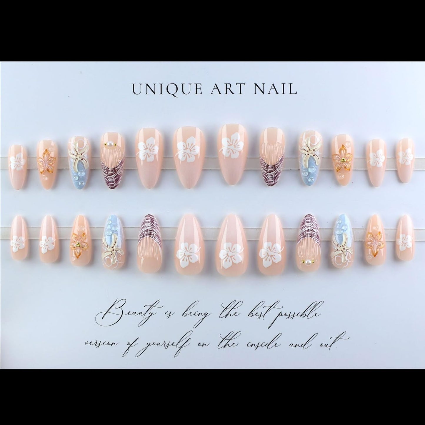 Summer Press On Nails Flower Fake Nails Press Ons Drip False Nails With 3D Starfish Pearl Design French Glue On Nails Glossy Reusable Acrylic Stick On Nails For Women Nail Decorations