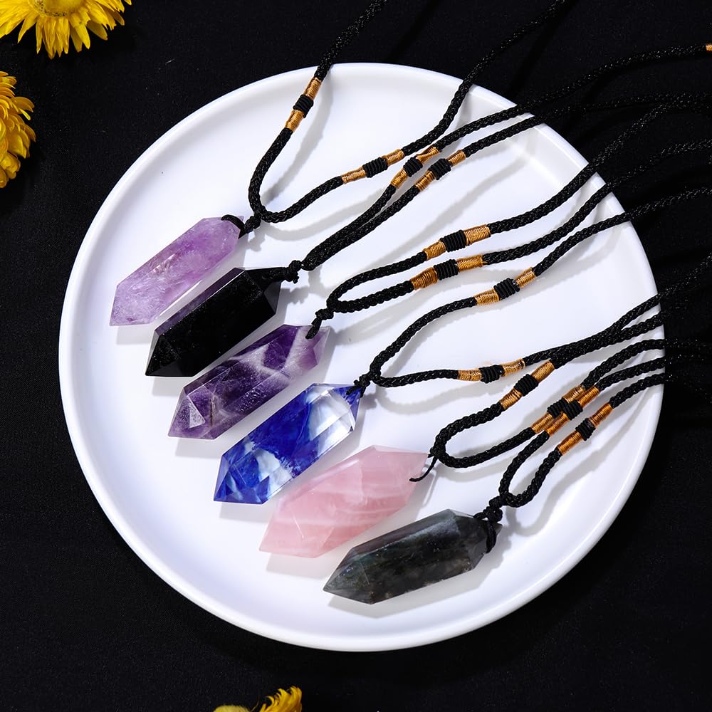 Runyangshi Rose Quartz Healing Crystal Pendants, Double Pointed Natural Crystal Quartz Necklace 6 Faceted Chakra Crystal Wand Stone