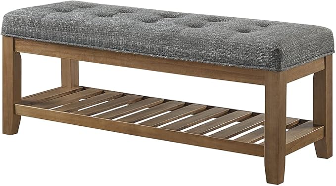 24KF Large Rectangular Upholstered Tufted Linen Fabric Ottoman Bench, Padded Bench with Solid Wood Shelf-Granite