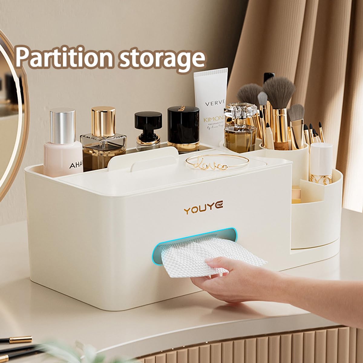 Aiabaleaft Multifunctional Organizer Rotating Brush Holder Makeup Organizer With Tissue Box for Study Table Living Room Dressers Home Office (Gray)