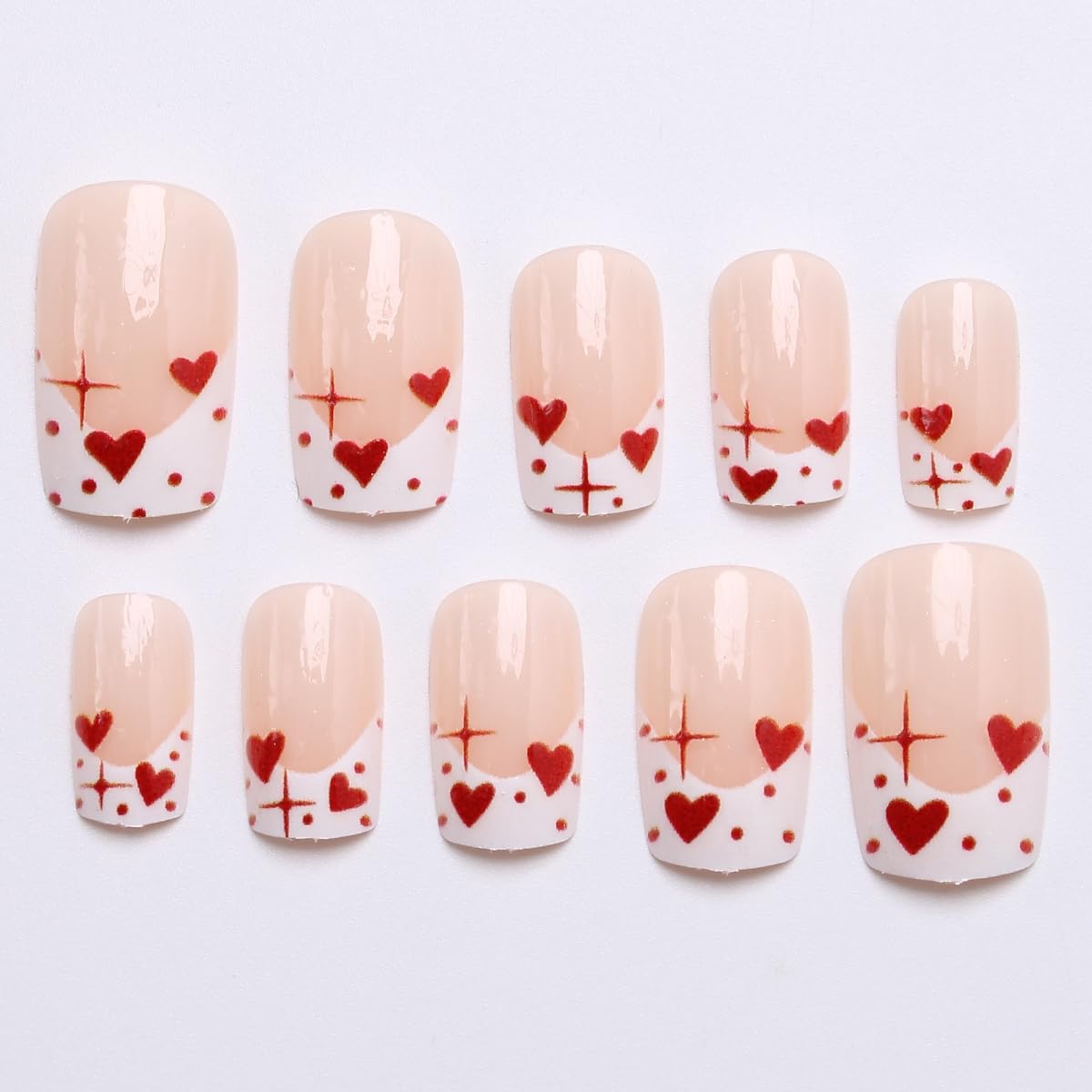 Valentine Press on Nails Red Heart French Tip Fake Nails White Tip Nail Press ons Full Cover Medium False Nail for Women Valentine Square Glue on Nails Reusable Nude Pink Acrylic Nail 24Pcs