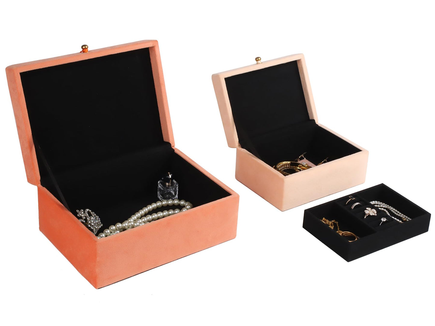 HofferRuffer Velvet Jewelry Boxes Decorative Boxes, Storage Accessory Organizer Boxes with Elegant Handle Decor, Classic Velvet Set of 2 Pieces (Orange)