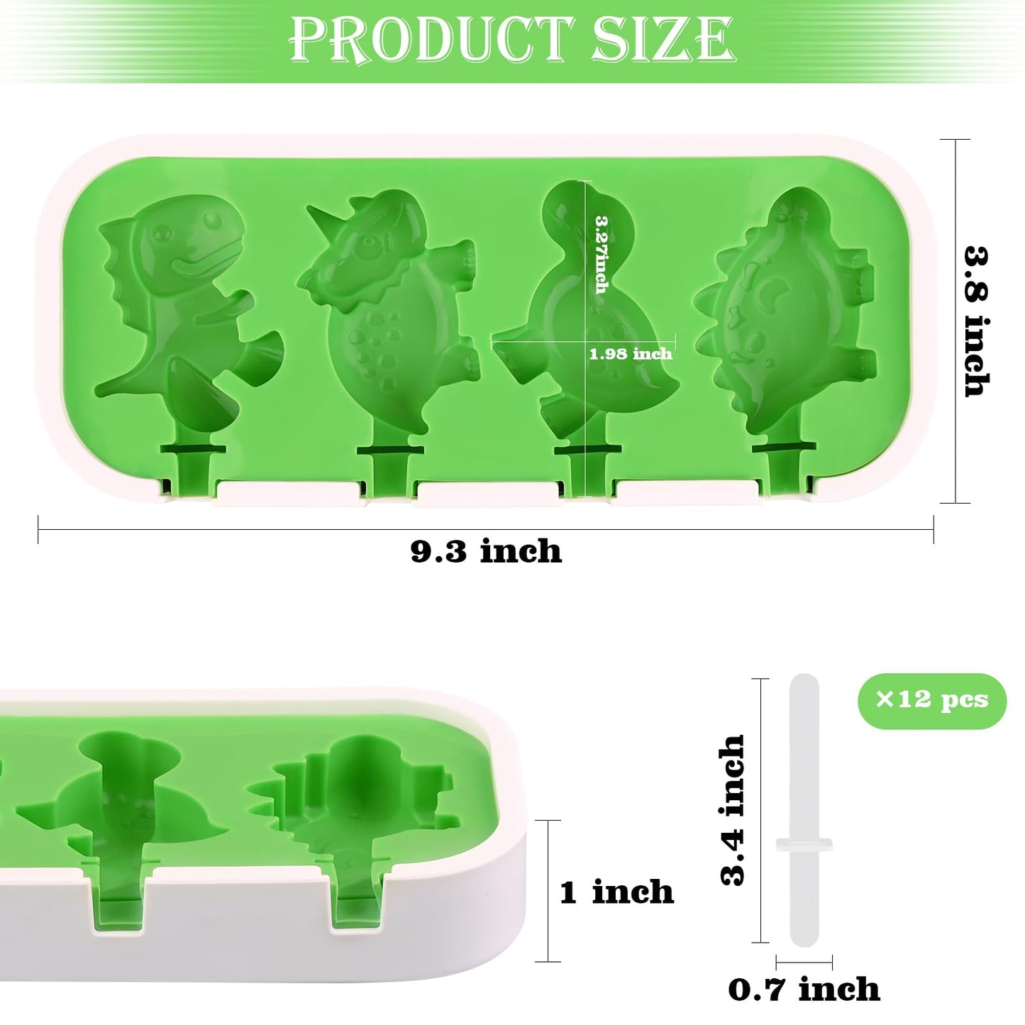 Sakolla 2 Pack Silicone Popsicle Molds with Sticks & Lid, 4-Cavity Mini Popsicle Molds for Kids - Cars, Ships, Train, Rocket and Dino Shapes (Green & Blue)