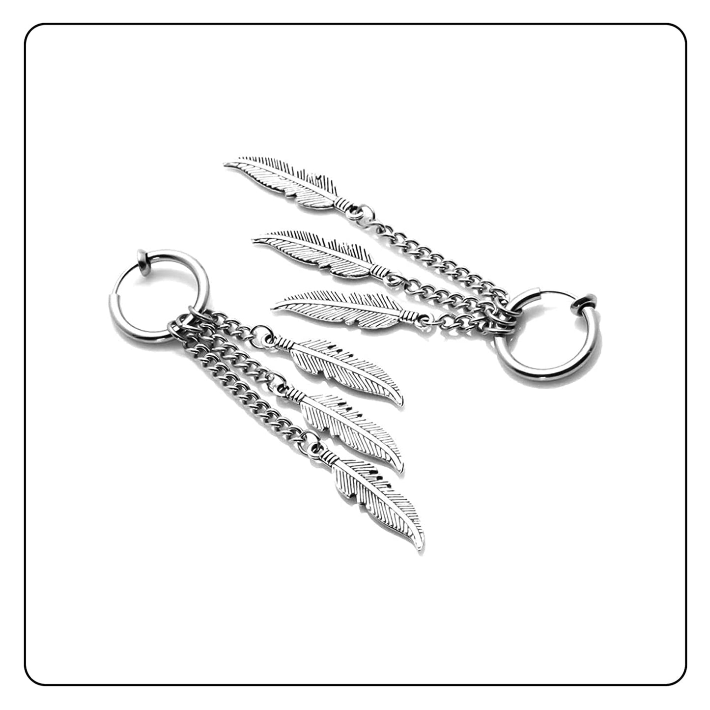 Fusamk Punk Rock Stainless Steel Feather Drop Dangle Earrings Huggie Hinged Hoop Earrings,2PCS