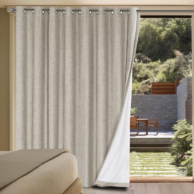H.VERSAILTEX Linen Blackout Curtains Durable Thick Textured Linen Look 100% Blackout Patio Door Curtain Anti Rust Grommet Extra Wide Sliding Door Curtain Panel, W100 x L96 inch - Stone