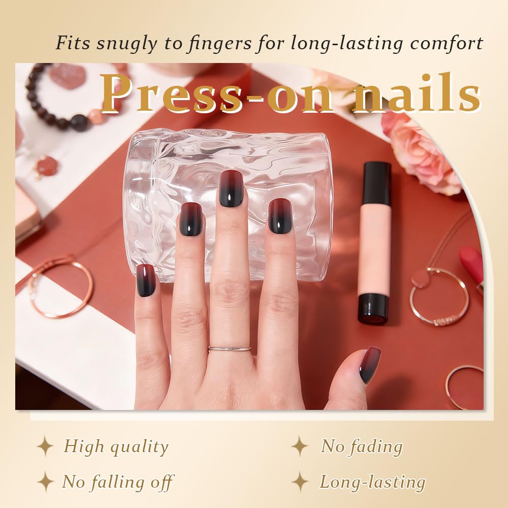 evpct Ombre Black to Red Press on Nails Extra Short, Petite Short Square Glossy Stick on Nails for Women Gift with Manicure Kit, Reusable Soft Gel Stick on Fake Nail with Ombre Designs Perfectly Fit