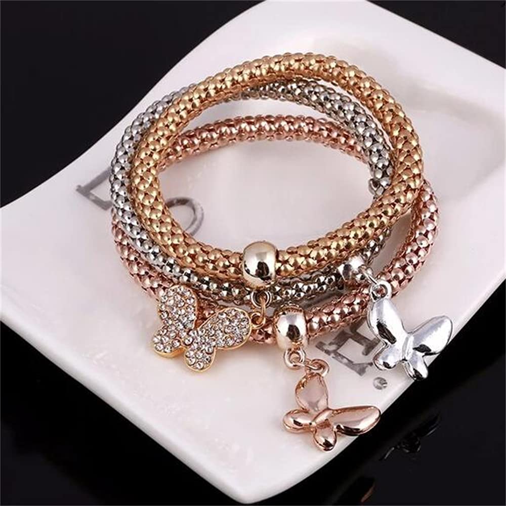 SILANER Crystal Charms Multilayer Bracelets - 3PCS Gold/Silver/Rose Gold Corn Chain Bracelet for Women, Solid Butterfly Charm Shaped Stretch Bracelet (Solid Butterfly Charm Bracelet)