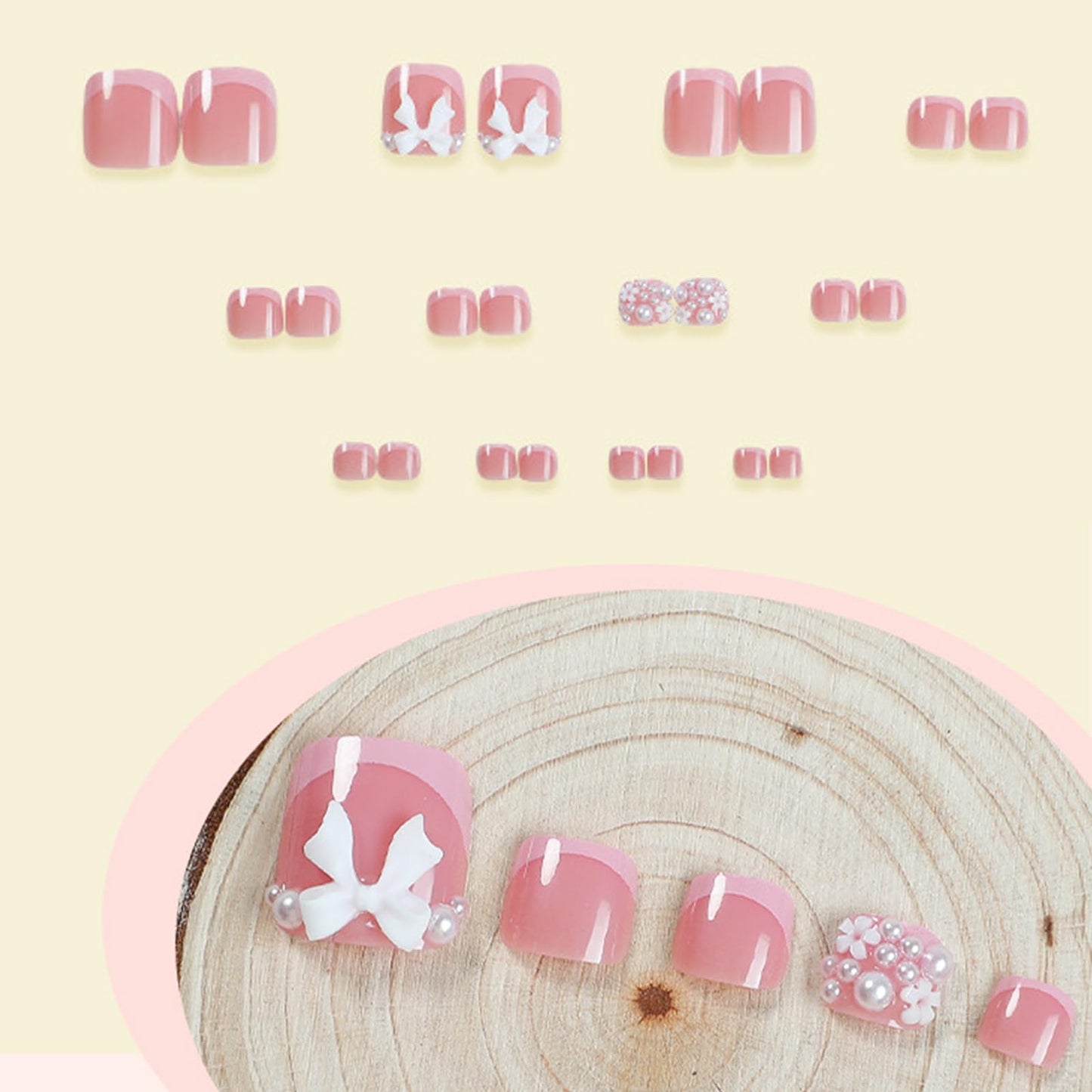 IMRAIN Pink Press on Toe Nails Square French Tips Fake Toenails Short Glossy Acrylic False Toenails with Bow & Pearl Designs Full Cover Glue on Nails for Women 24Pcs