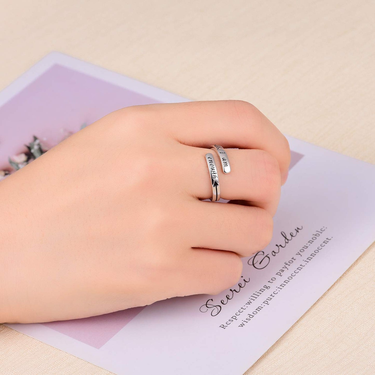Silver Adjustable Ring Inspirational Jewelry S925 Sterling Wrap Open Ring for Women (I am enough)
