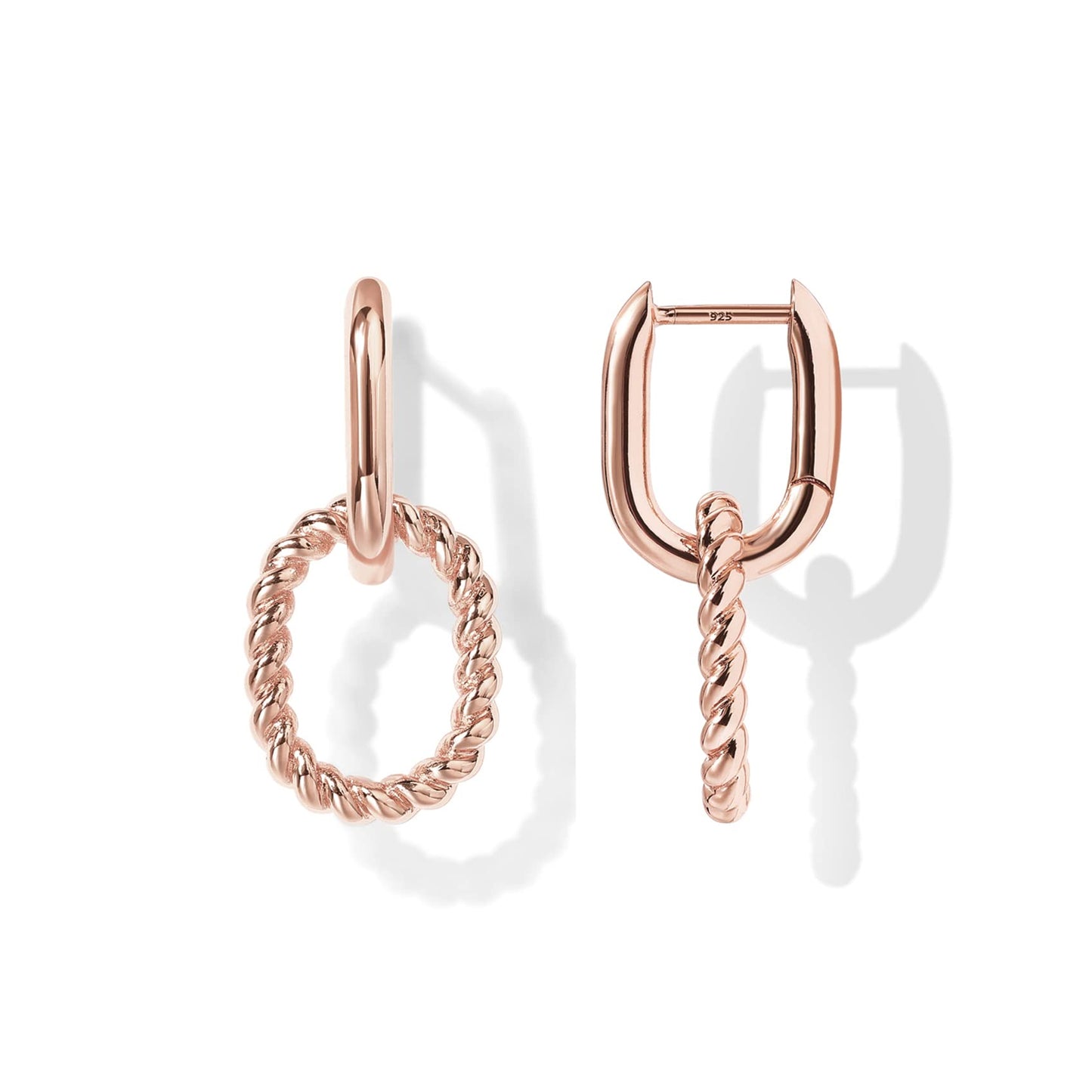 PAVOI 14K Rose Gold Plated Convertible Twisted Rope and Plain Paperclip Link Earrings for Women - Braided Drop Dangle Huggie Hoop Earrings
