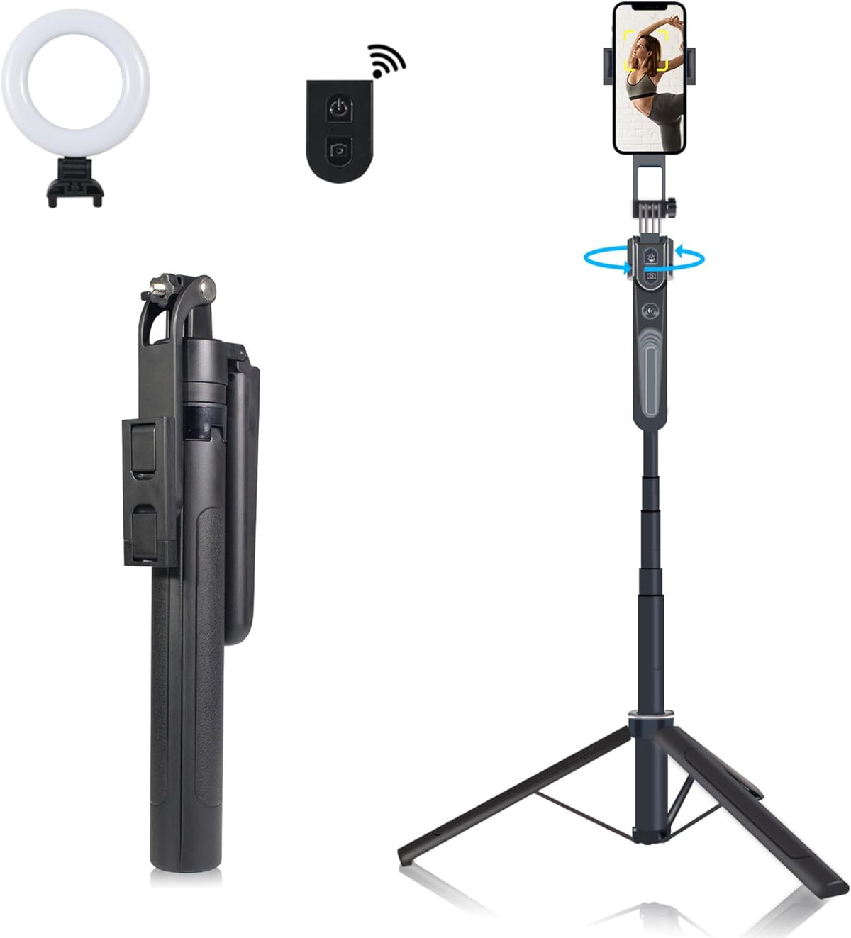 Extendable Auto Face Tracking Phone Tripod Stand, 360° Rotation Selfie Sticks with Light, Smart AI Facial Recognition, Tripod with Wireless Remote, Cameraman Shooting for Video, Vlog, Live Stream