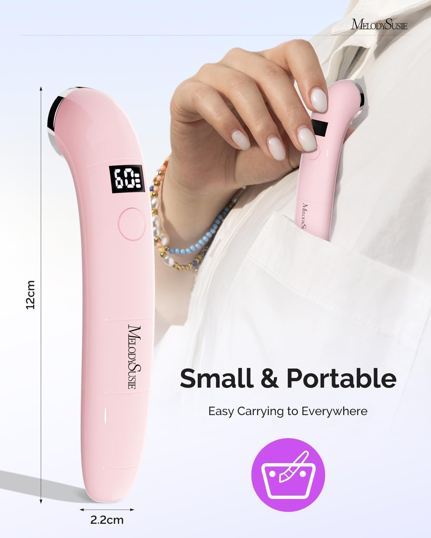 MelodySusie Ergonomic Handheld Cordless UV Nail Lamp with LCD Display & 2 Timers, P-Art01A Rechargeable Mini UV LED Light Flash Cures All Soft Gels, Especially Rhinestone Glue & Liner Gel Pink