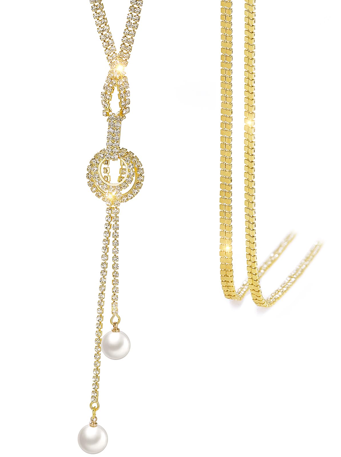 Suyi Trendy Crystal Long Necklace All-Match Style Shining Clothing Sweater Chain Pearl Gold 2