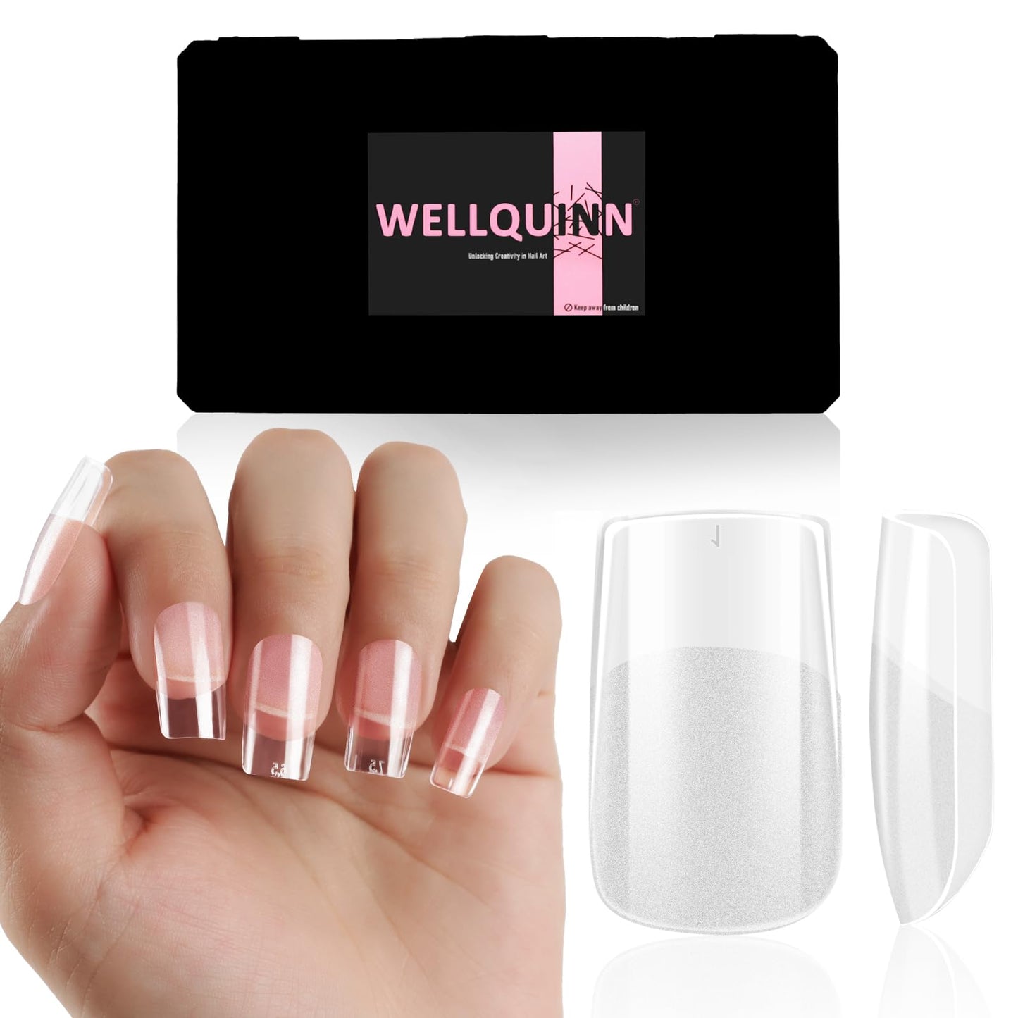 Wellquinn Short Square Nail Tips Thicken Soft Gel Nails Pre-etched Clear Full Cover Press on Acrylic Fake Nail Extension for Manicure Salon Home DIY 360Pcs 15 Sizes Black Box Collection