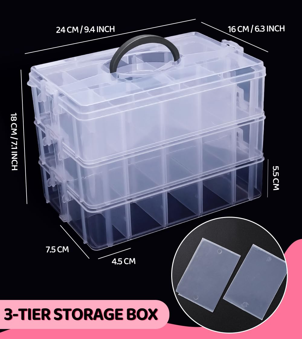 Praisebank 3-Layer Stackable Storage Container Box, 30 Dividers Compartments, Perfect for Storage Jewelry & Arts & Crafts & Sewing. (Clear)
