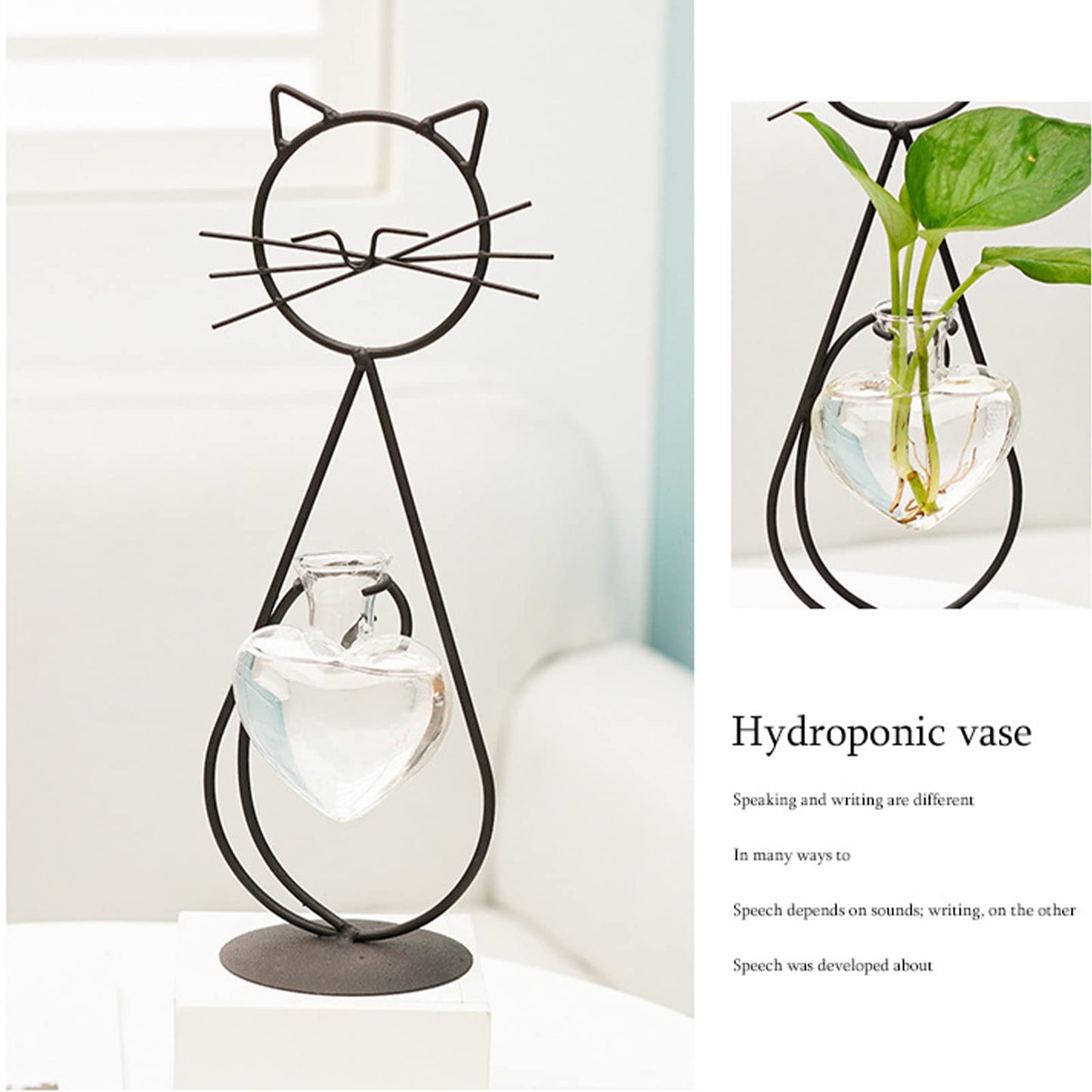 Cat Glass Planter Vase Holder - Plant Terrarium - Simple Cat Iron Flower Ware Hydroponic Flower Arrangement Vase (Sit)