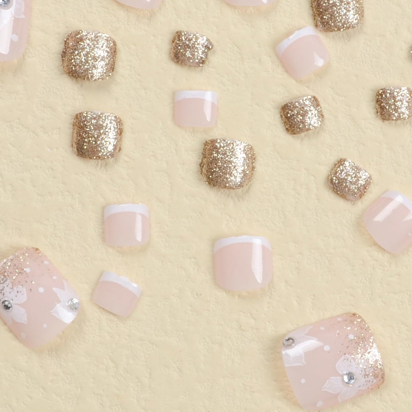French Tip Press On Toe Nail for Women Fake Toenail with Flower Gold Glitter Rhinestones Designs Glossy Fashion False Toenail Full Cover Acrylic Nails Art DIY Foot Nail Design Toenail Tips 24Pcs