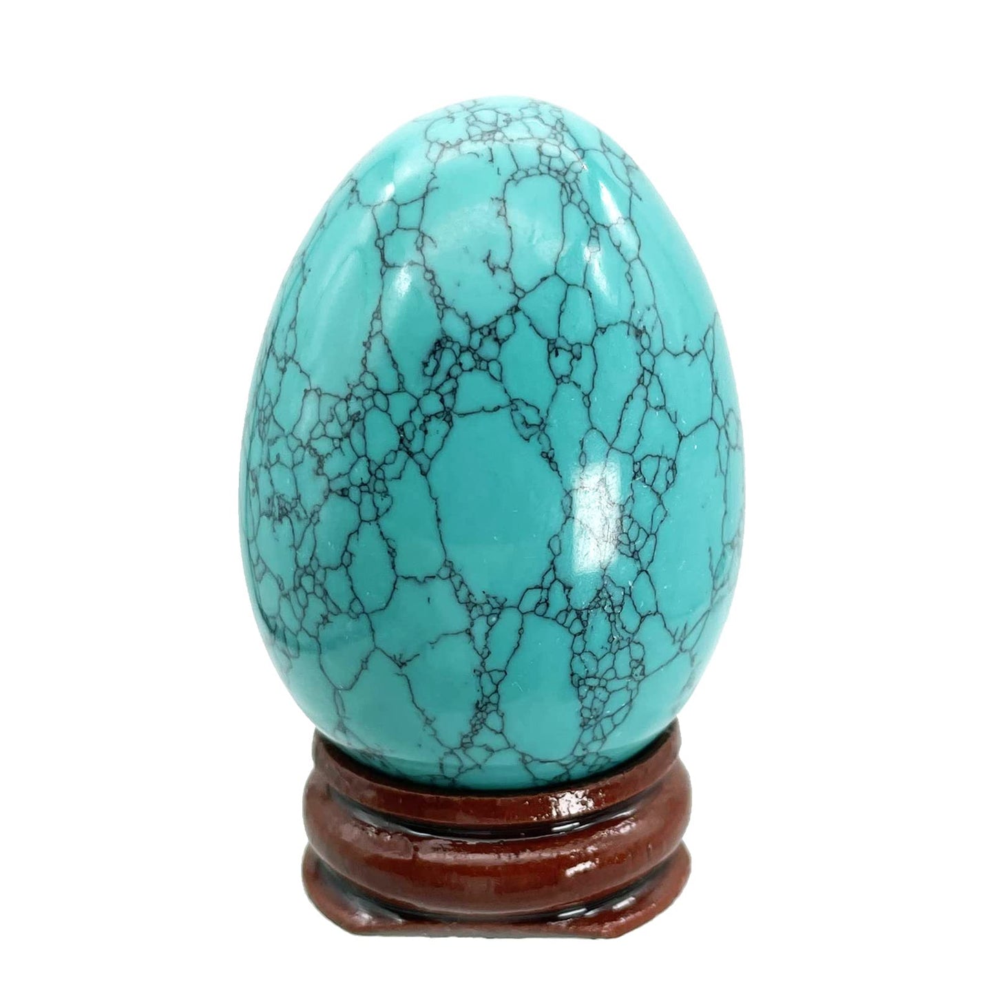 Fekuar Stone Egg Figurine, Polished Healing Crystal Easter Eggs Sphere Sculpture with Wood Stand, Green Howlite Turquoise, 1.8"