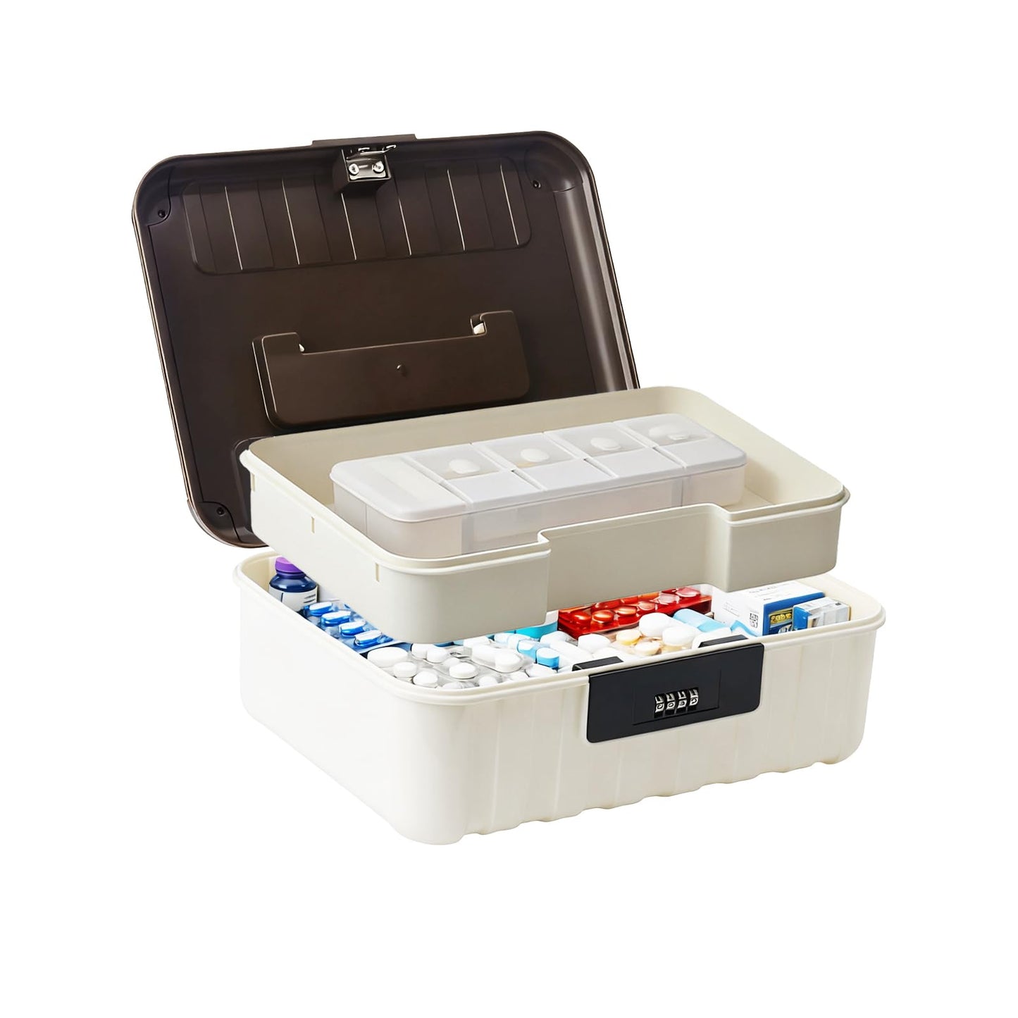Lock Storage Box - Medicine Secure First Aid Organizer Box Safe with Combination Code for Cash Money Key Phone Snack Home Fridge Office Travel Storage Gifts - Brown - Small