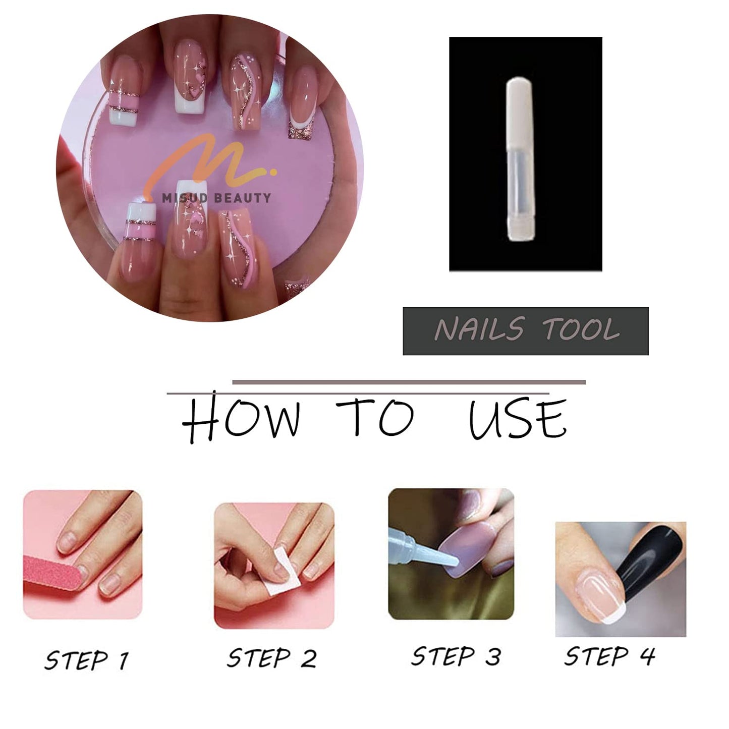 MISUD Press on Nails - Long Coffin Glue on Nails with Pink, Acrylic Bling Glitter Design 24 pcs