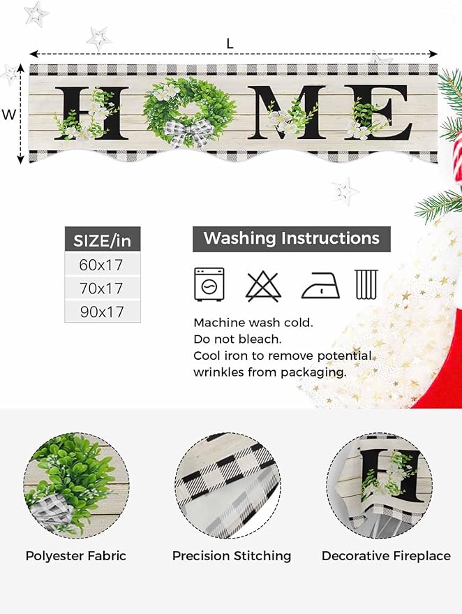 Rustic Home Fireplace Mantel Scarf Table Runner,Eucalyptus Leaves Floral Wooden Buffalo Plaid Winter Garland Mantel Top Tablerunners Dresser Scarves Cover for Windows Party Living Room 70"x17"