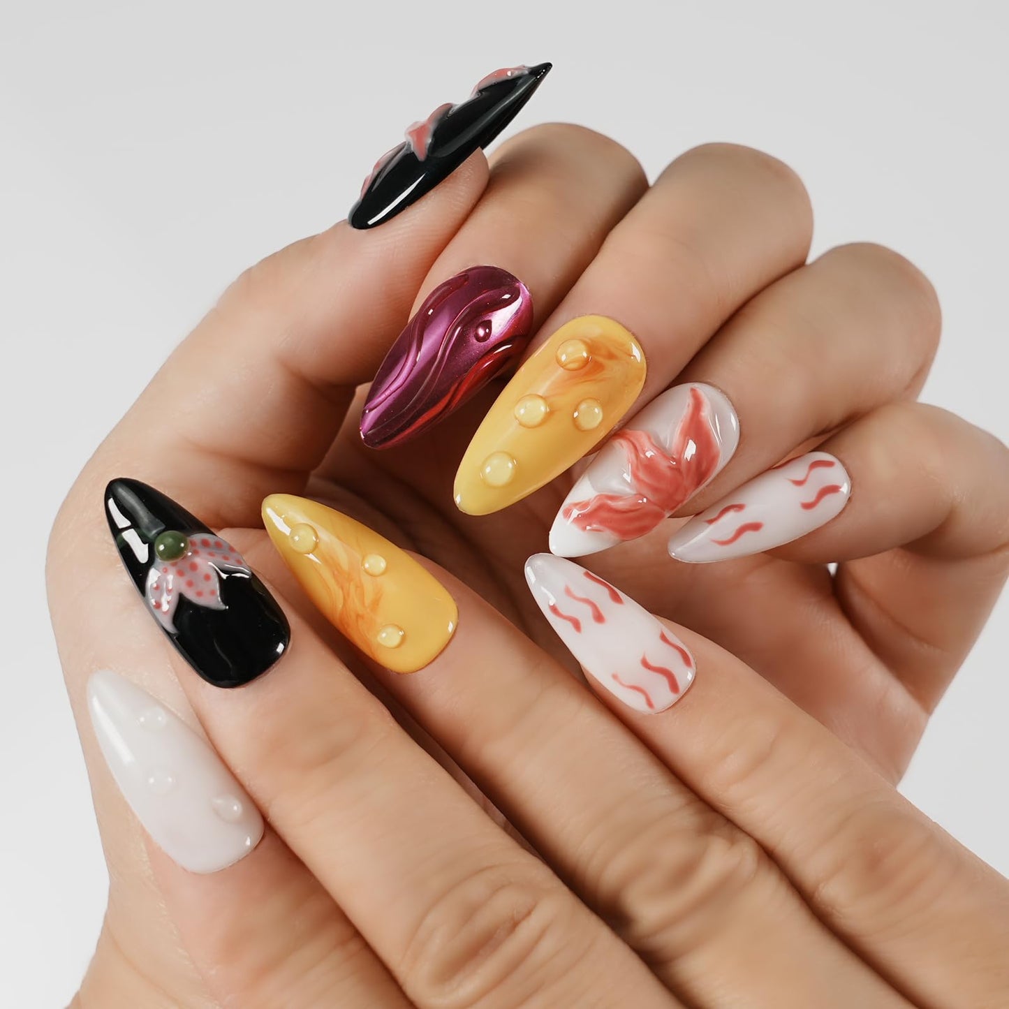 Tesytto Tesytto 3D Flower Press on Nails Almond - Handmade Multicolor Design with Dewy Water Droplets, Luxury Salon Quality Reusable Fake Nails (Bold Bloom & Dot Glam, L)
