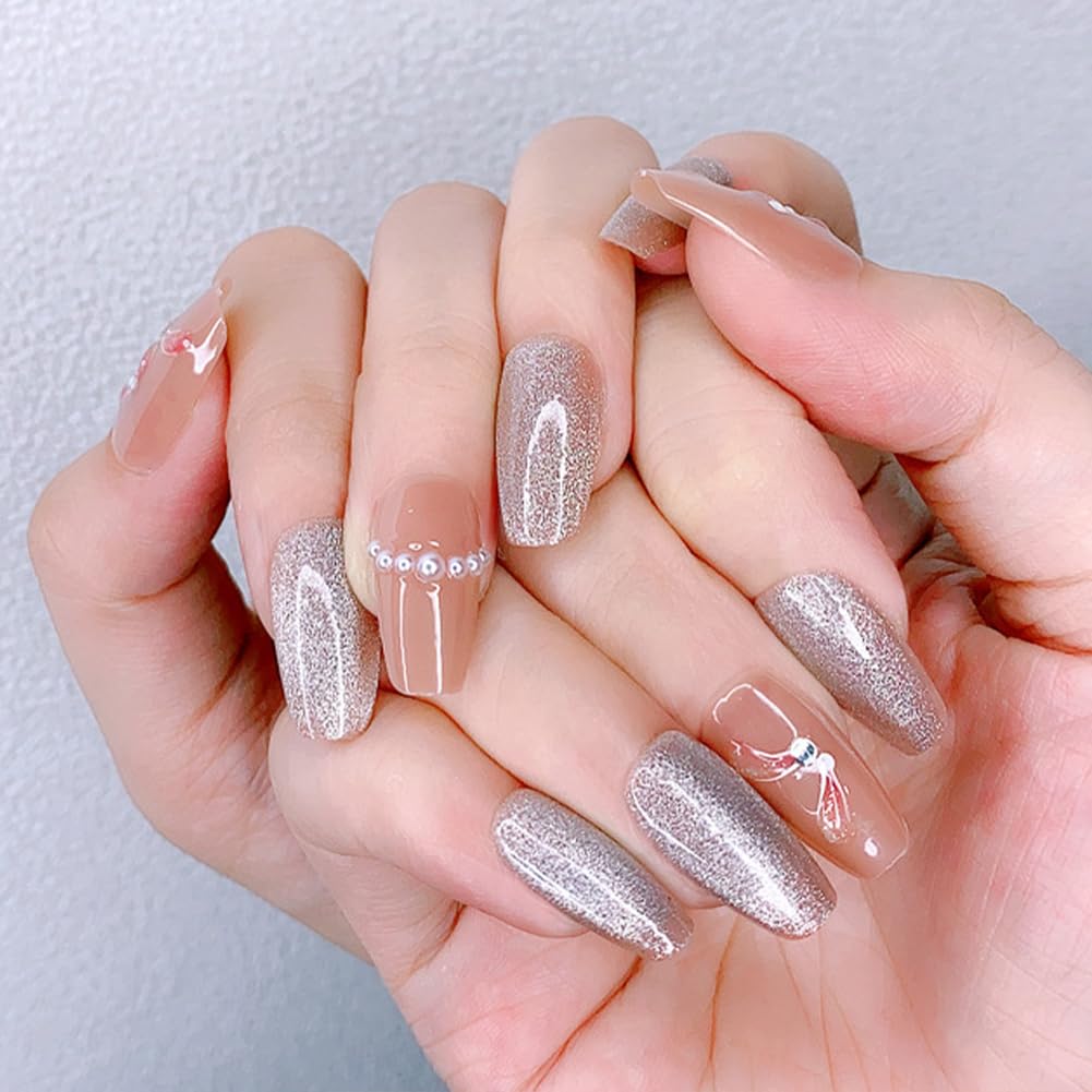 WAFOLOZE Press On Nails Medium Coffin Fake Nails With Glue, Ice Crystal Stone Cat's Eye Nail Press Ons With Small Pearl Painted Design，Artificial False Nails Stick On Nails for Women-30Pcs