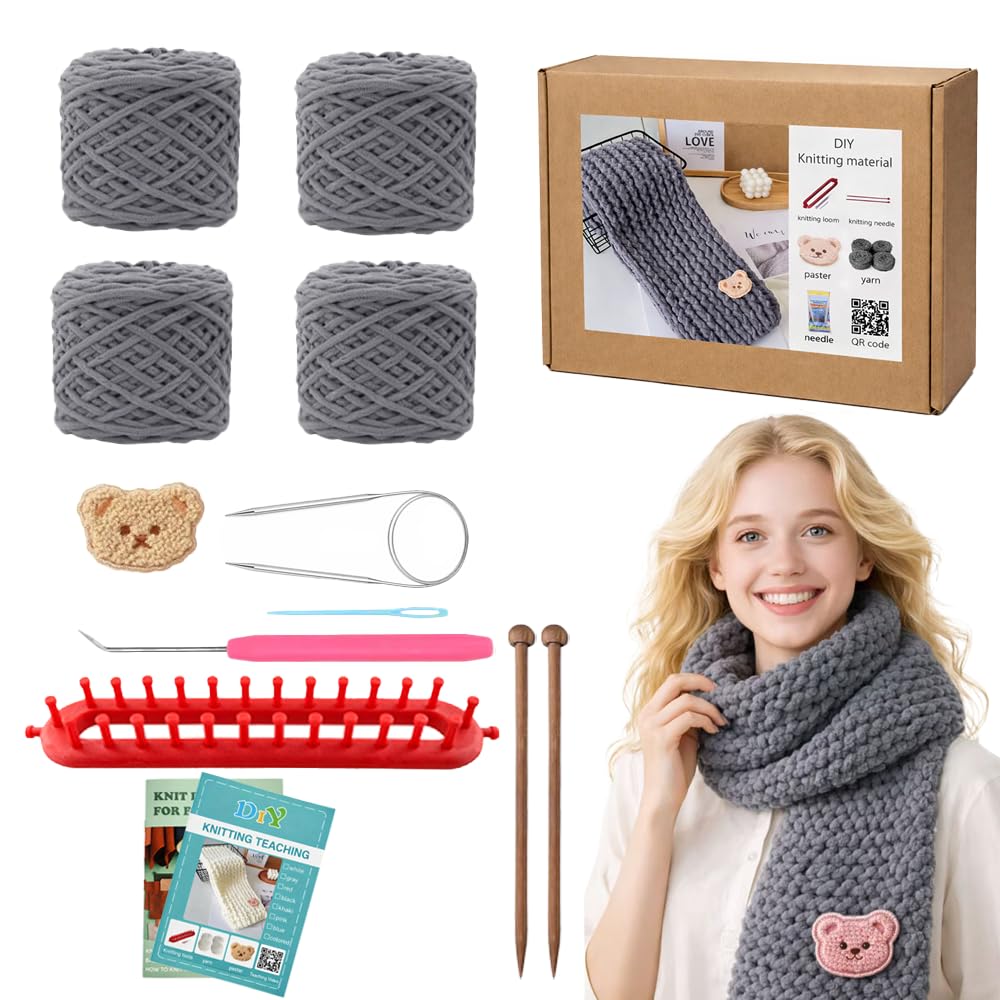 Novelchet Knitting Loom Kit for Scarf, Easy Knitting Set Including Knitting Needles Set Plush Yarn, Learn to Knit kit with Instructions