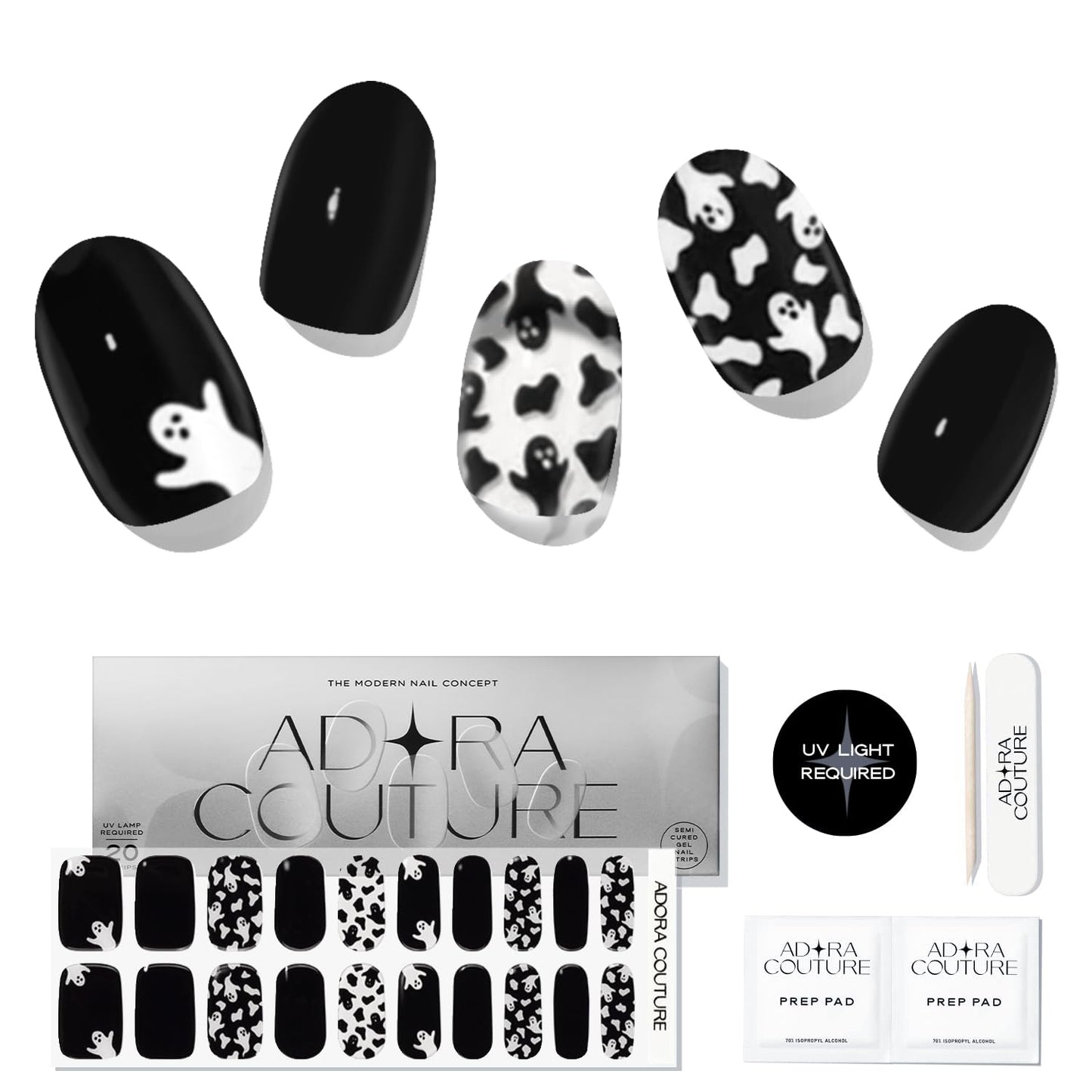 Adora Couture Semi-Cured Gel Nail Strips - 20 Salon-Quality Gel Sticker with UV Light Required, Long Lasting, Easy Application & Removal, Includes Prep Pad, Nail File, Wooden Stick – Boo Crew