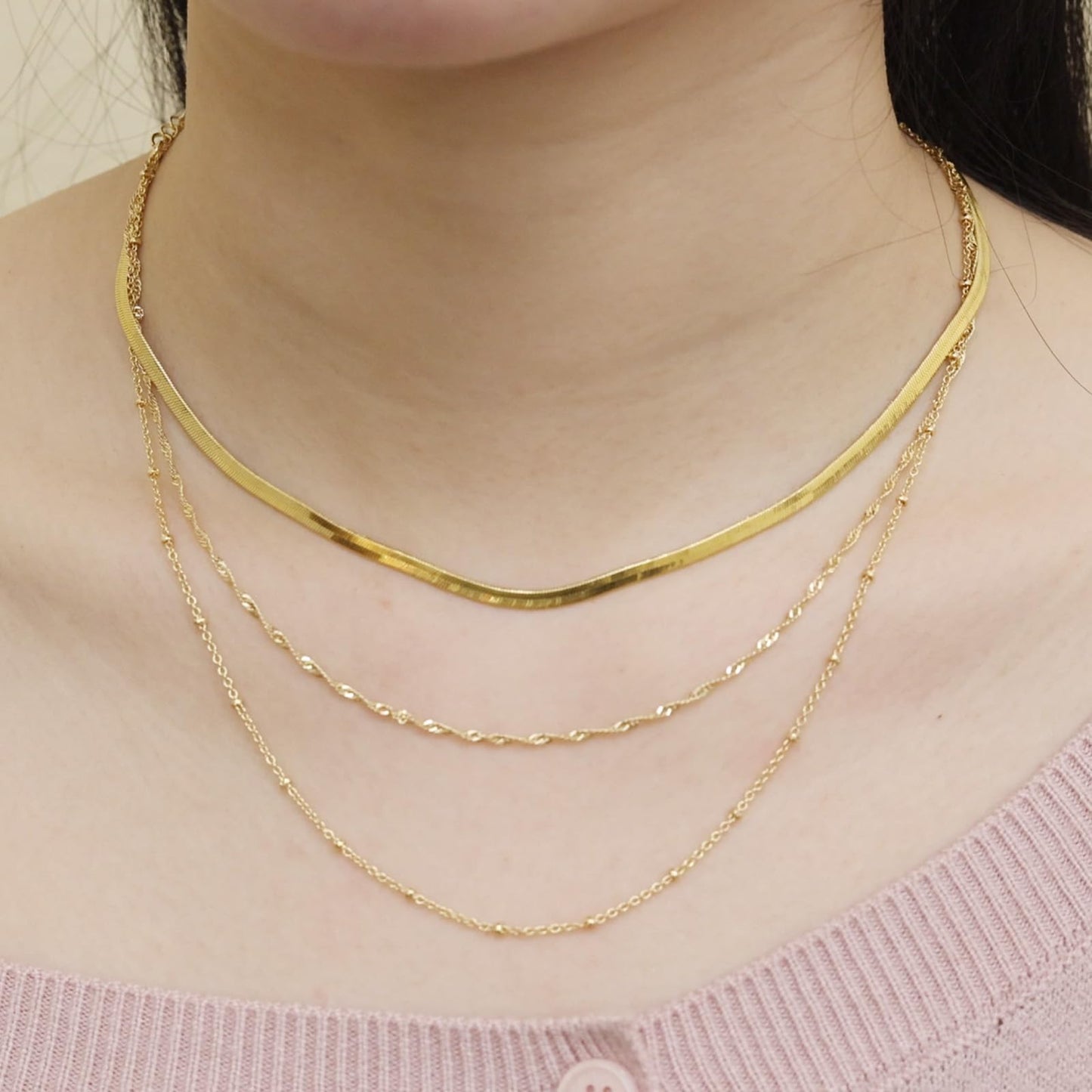 Layered Necklaces for Women, 18K Gold Plated Dainty Multi Layering Necklaces for Women Stackable Trendy Thin Satellite Chain Singapore Necklace Snake Chain Simple Herringbone Necklaces Non Tarnish
