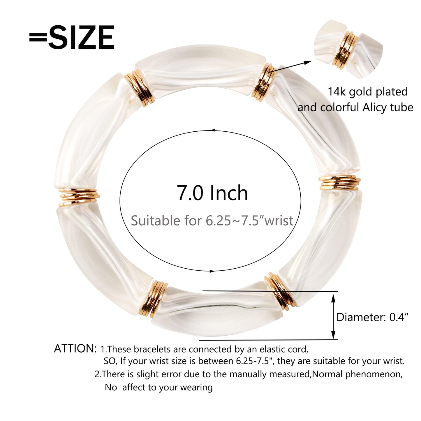 GOOJIDS Simple Beaded Gold Plated Bangles Bracelet Chunky Bamboo Tube Curved Stacking Clear Acrylic Colorful Beads Stretchable Gold Plated Bracelets Set For Women