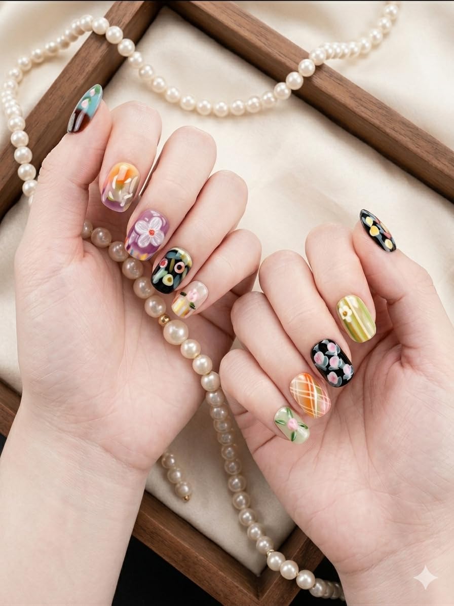 Fine Point Short Handmade Press On Nails – 10PCS Floral & Artistic Design Set, Reusable Acrylic Nail with 3D Art, Salon-Quality Nails for Weddings | Whispering Garden (Size Medium)