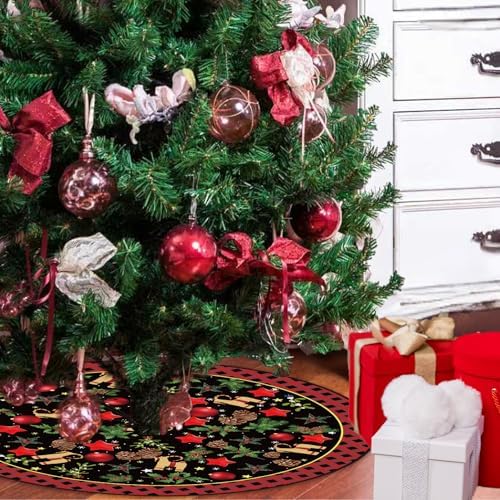 Yule Christmas Tree Skirt 48 Inch Pagan Christmas Tree Mat with Scandinavian Straw Goat Julbock Mistletoe Happy New Year Winter Xmas Tree Decor Christmas Party Decorations