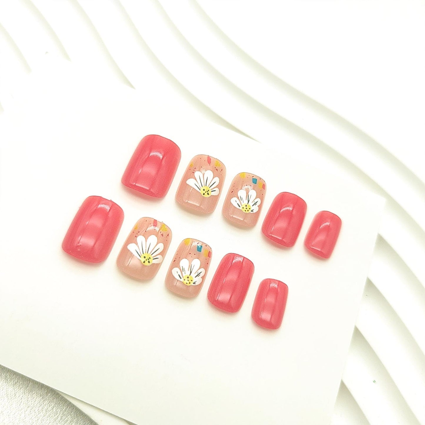 Flower Press on Nails Short Square Fake Nails with Floral Designs Spring Nails Press ons Glossy Glue on Nails Light Red Acrylic Nails Summer Stick on Nails for Women 24 Pcs