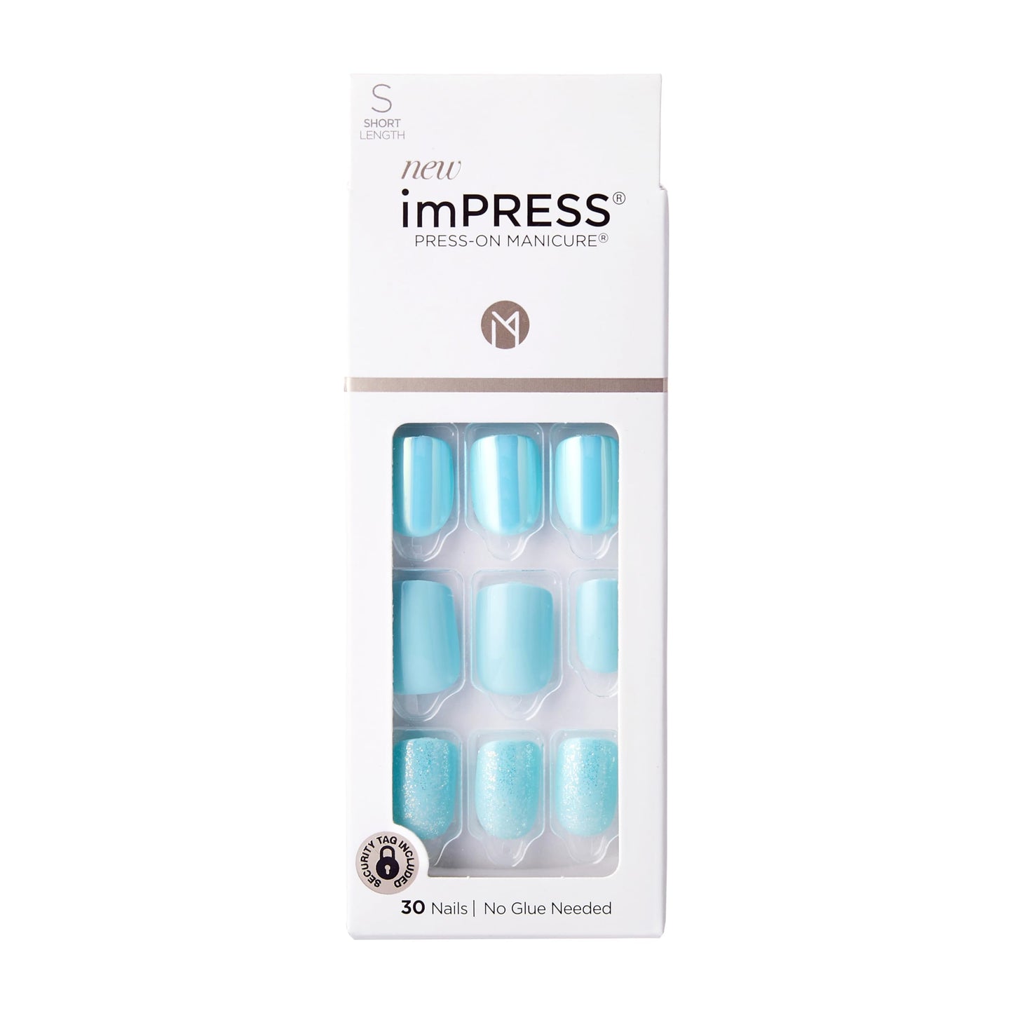 Kiss Impress No Glue Mani Press On Nails, Design, 'Rain Check', Blue, Short Size, Squoval Shape, Includes 30 Nails, Prep Pad, Instructions Sheet, 1 Manicure Stick, 1 Mini File