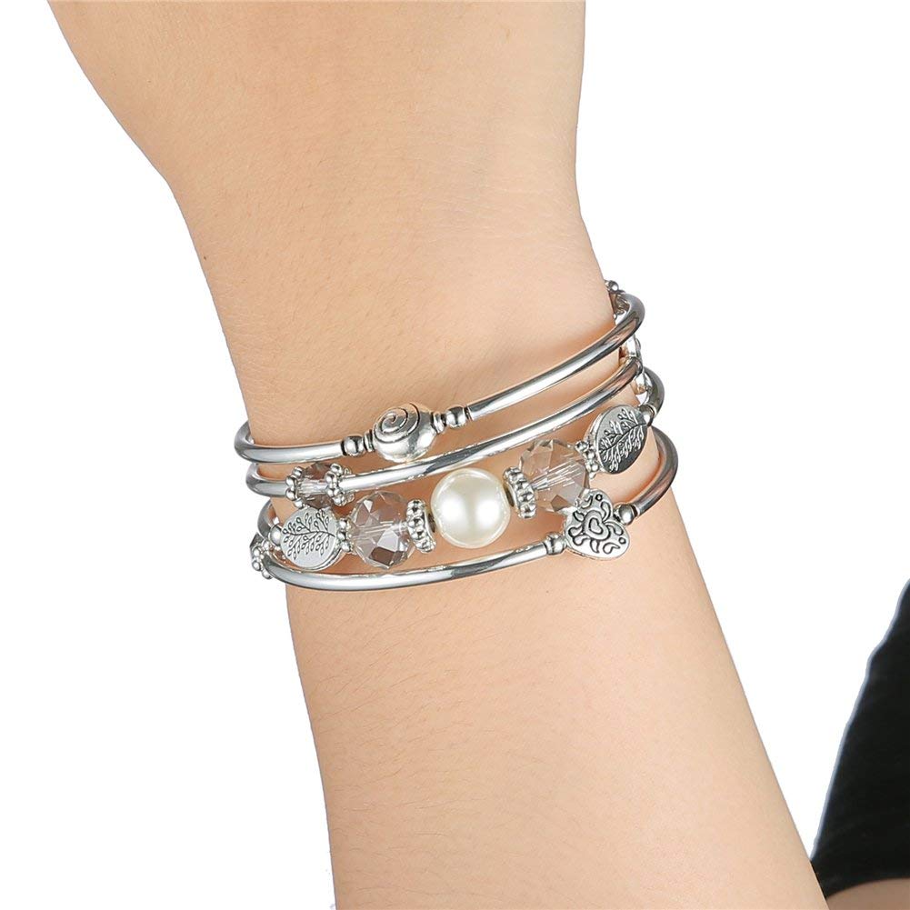 PEARL&CLUB Bead Crystal Wrap Bangle Bracelet - Fashion Jewelry Beaded Bracelet with Silver Metal, Gifts for Women(92-Grey)