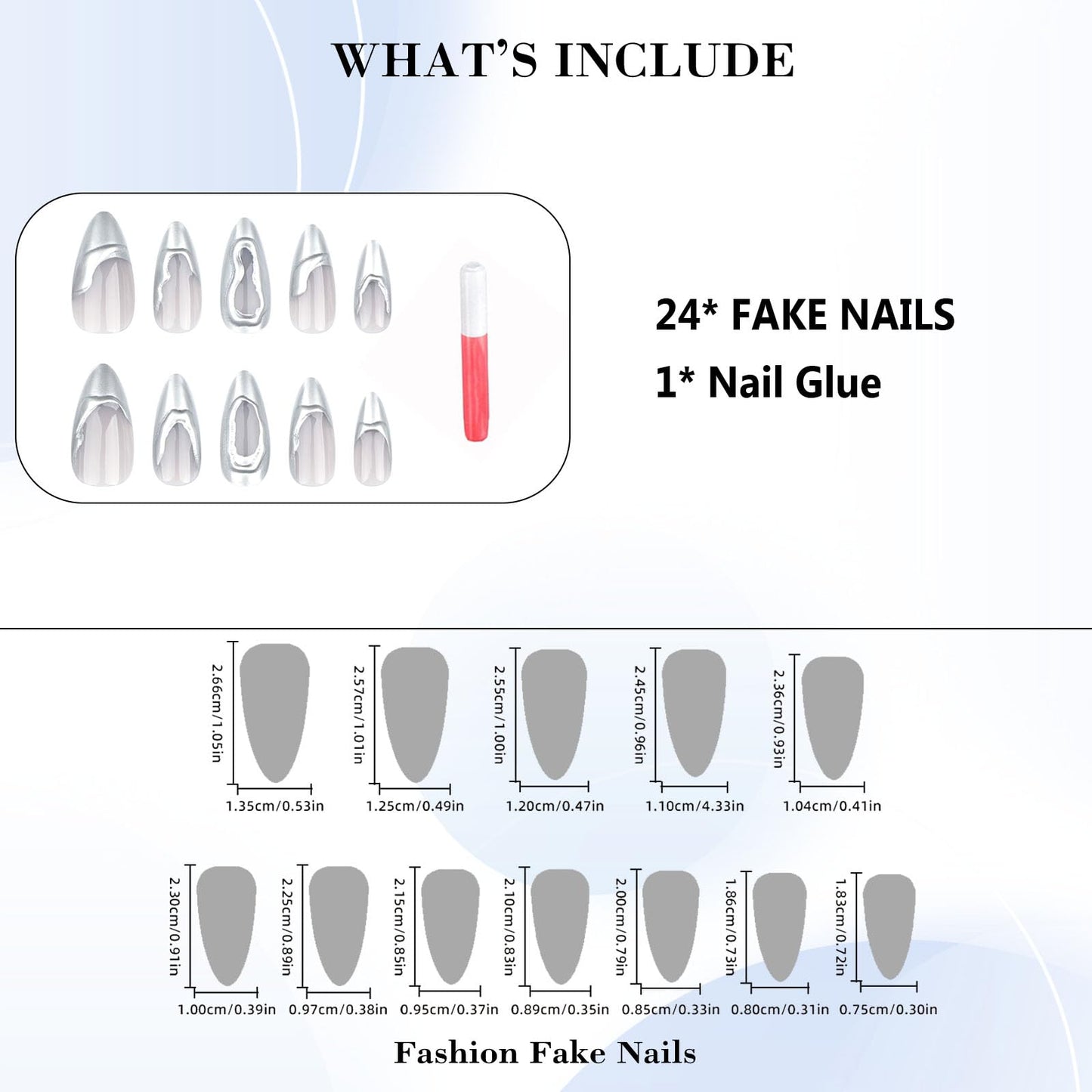 IMRAIN Silver Press on Nails Medium Almond Fake Nails 3D French Tips False Nails Full Cover Glossy Glue on Nails for Women Girl 24Pcs