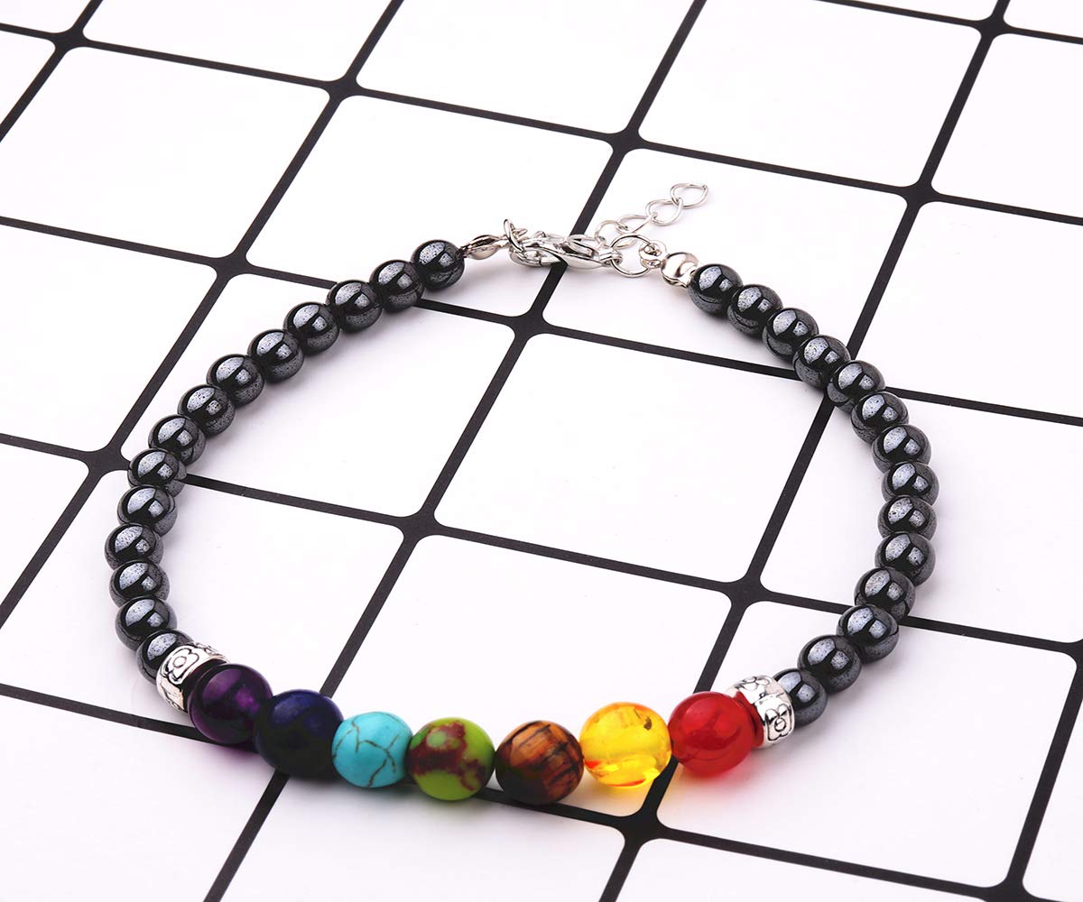REEBOOOR Chakra Anklet Bracelet Yoga Gift 7 Chakra Anklet Boho Jewelry Amethyst Healing Anklet Bracelet Meditation Balance Chakra Anklet Energy Healing (7Chakra-Hematite)