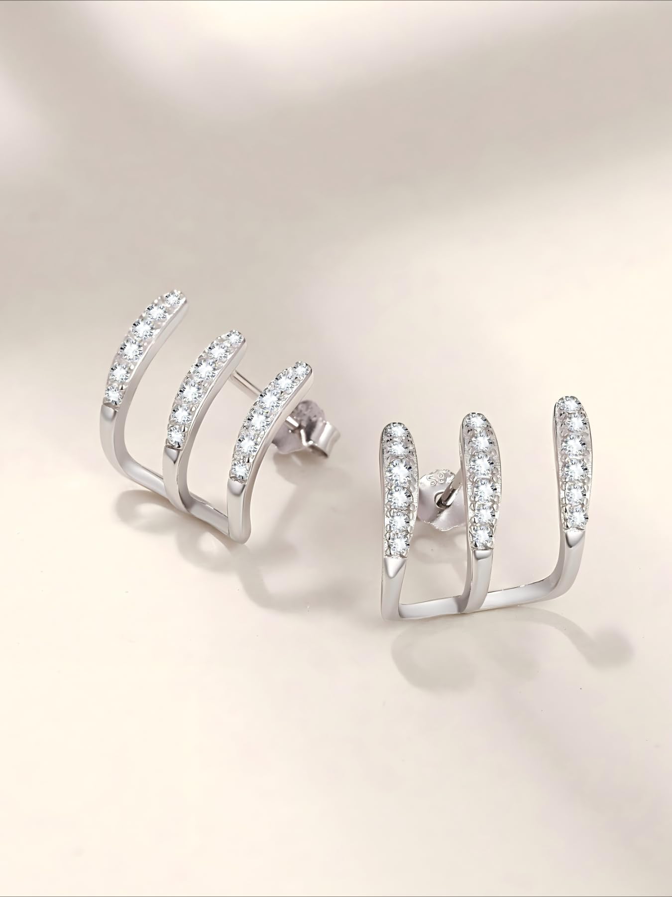 925 Sterling Silver Segment Triple Claw Curved Cubic Zirconia Earrings, Silver Hoop Earrings Stud Huggie Cuff Earrings