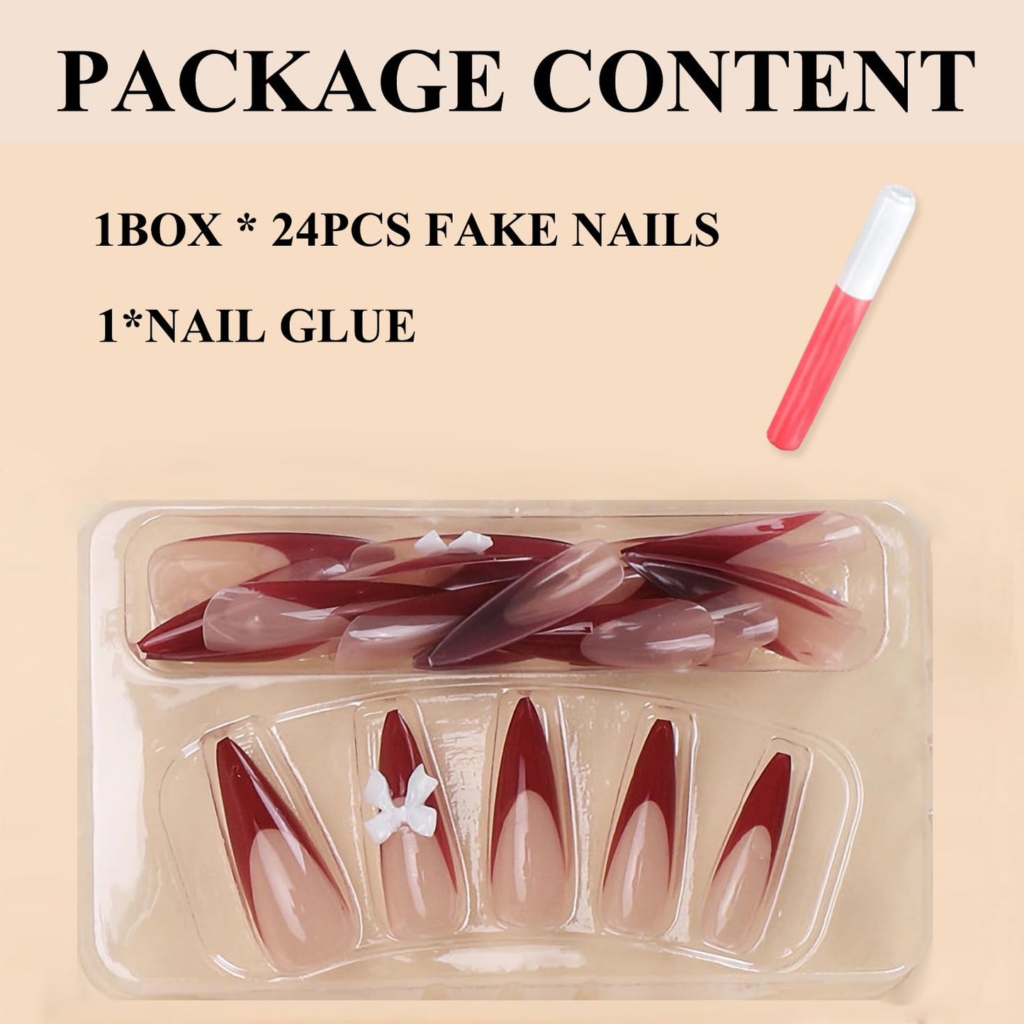 MERVF Long Press on Nails Almond Fake Nails Red French Tip Glue ons Stiletto Acrylic False Nail Charms with Bow Design 24pcs Glossy