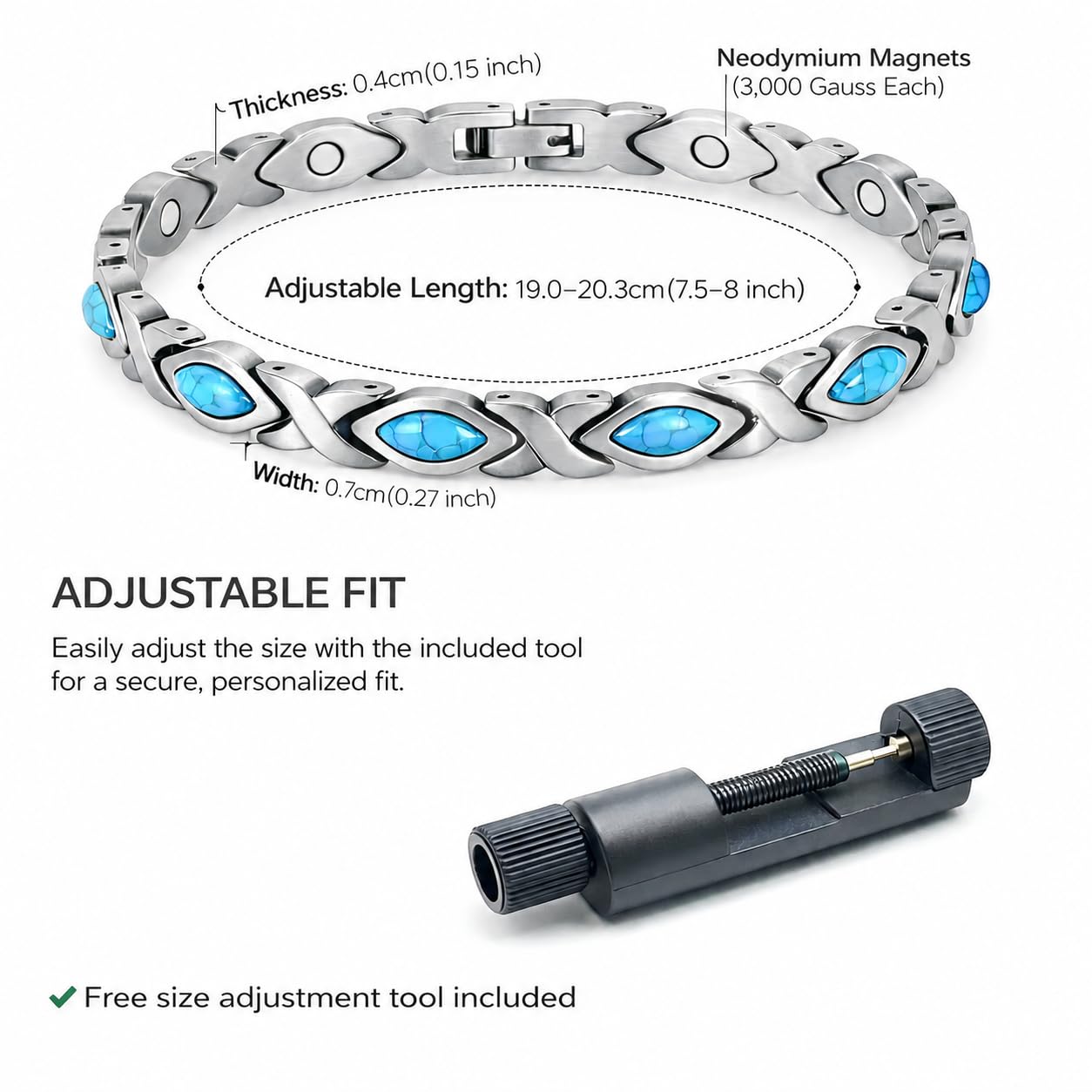 38 Elegant Stainless Steel Blue zircon Magnetic Bracelet for Women Magnetic Functions with Free Link Removal Tool Mother's gift (Silver Hug With Bule Ziron)