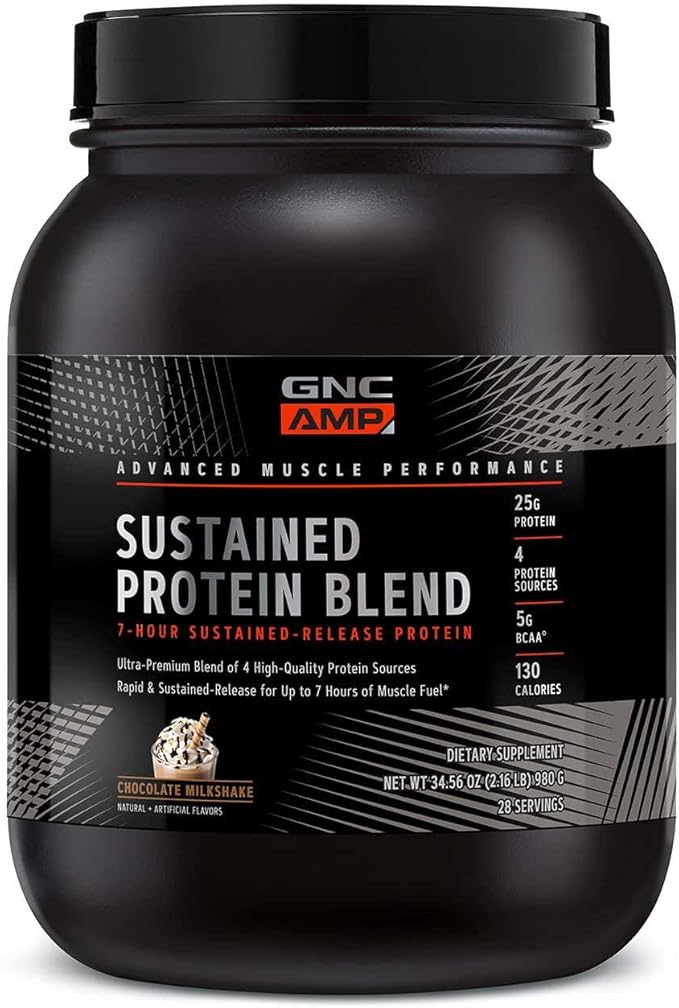 GNC AMP Sustained Protein Blend | Targeted Muscle Building and Exercise Formula | 4 Protein Sources with Rapid & Sustained Release | Gluten Free | Chocolate Milkshake | 28 Servings