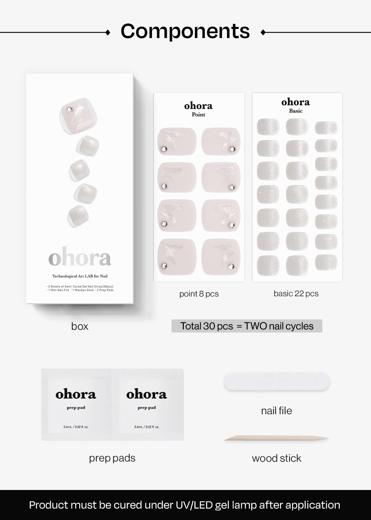 ohora Semi Cured Gel Pedi Strips (P Whisperfly) - Works with Any Nail Lamps, Salon-Quality, Long Lasting, Easy to Apply & Remove - Includes 2 Prep Pads, Nail File & Wooden Stick