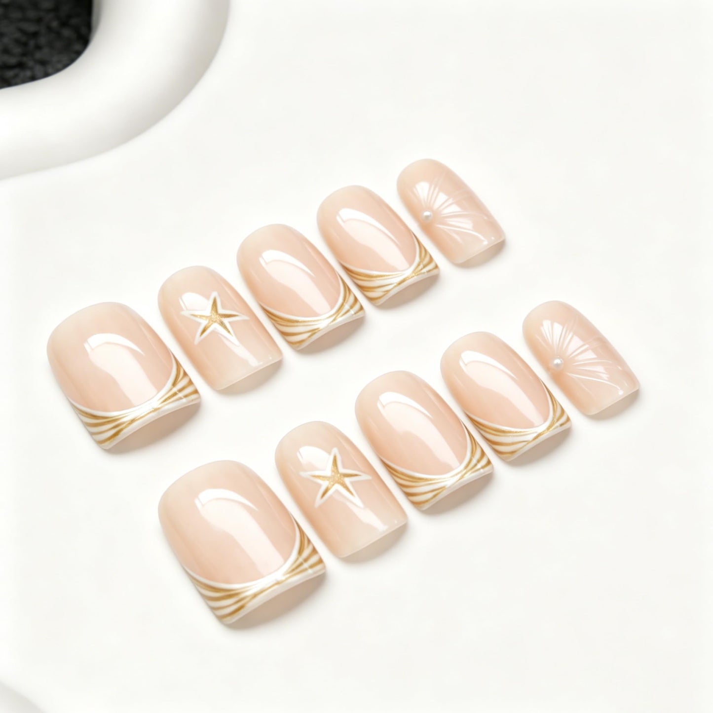 Summer Handmade Press on Nails Starfish Fake Nails Designs Beach Muti-Layer Gel Thick Acrylic Nail Full Cover Beach Handmade Short Square False Nails French Tip Stick on Nail for Women (M)