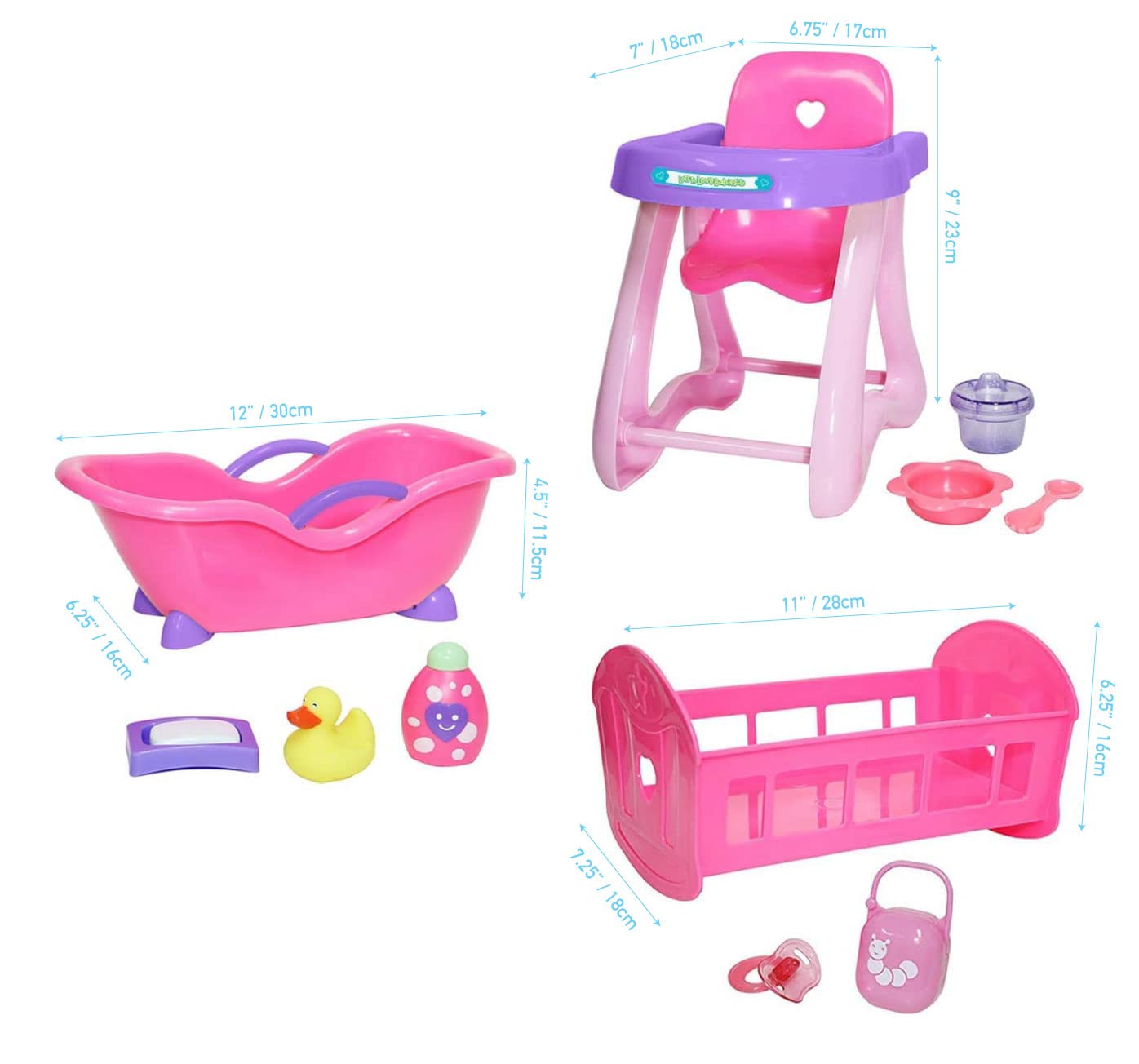 JC Toys Deluxe Doll Accessory Bundle | High Chair, Crib, Bath and Extra Accessories for Dolls up to 11" | Fits 11" La Baby & Other Similar Sized Dolls, Pink (81453)