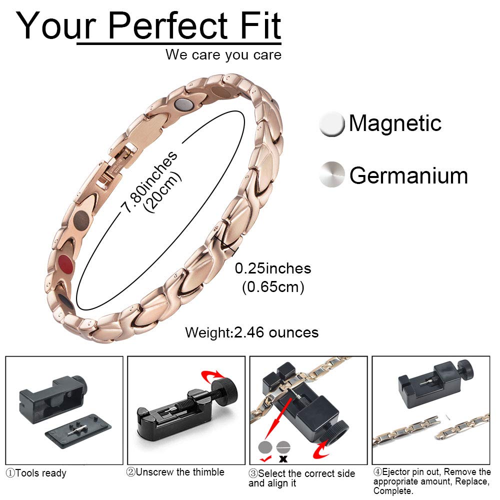 38 Elegant Titanium Magnetic Bracelet for Women Germanium and Magnetic Functions with Free Link Removal Tool Christmas gift (Rose Gold)